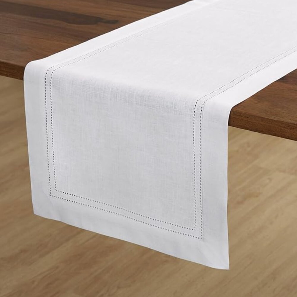 Solino Home Cotton Linen Hemstitch Table Runner White 14" x 72"